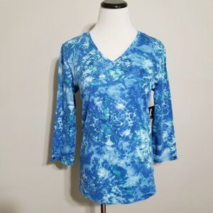 New Anne Klein Womens Top Blue Tie Dye Size M Womens Cotton 3/4 Sleeve Pullover